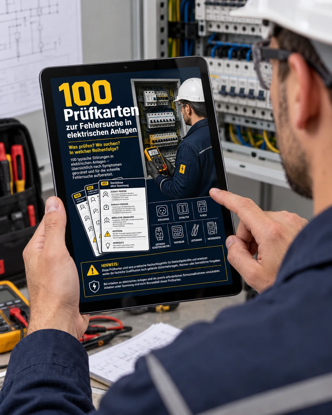 Die 100 Prüfkarten zur Fehlersuche in elektrischen Anlagen auf einem Tablet am Arbeitsplatz eines Elektrikers